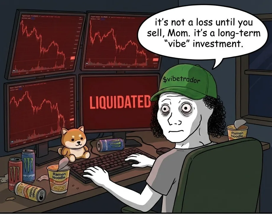 A trader in a green cap at four red monitors, one of them reading LIQUIDATED.